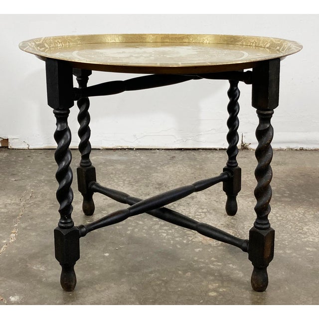 Chinoiserie Vintage Engraved Blue Willow Pattern Brass Tray Table For Sale - Image 3 of 9