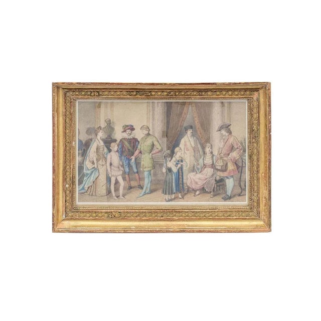 Beige Framed Costume Ball Scene Watercolor, 1850s For Sale - Image 8 of 8