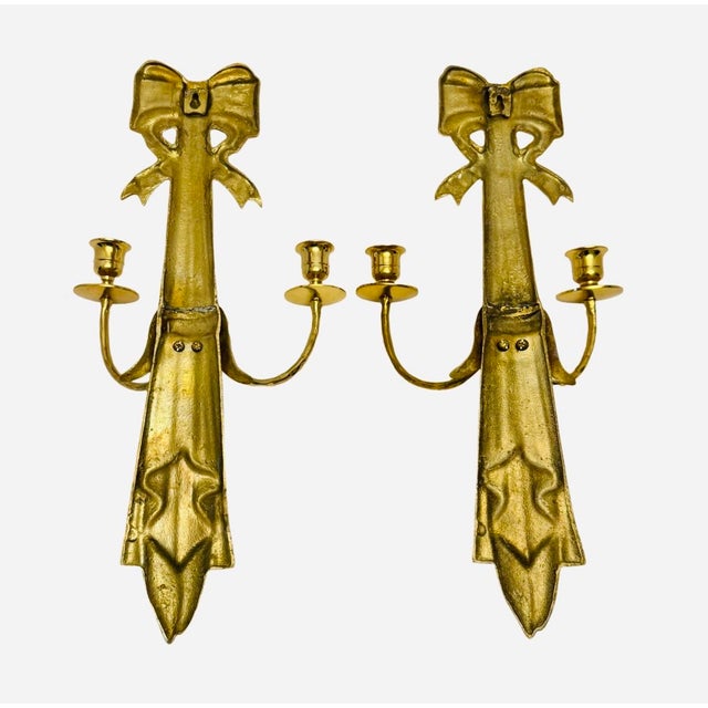 VTG Solid Brass 16.5” Tall Tassel & Bow Wall Sconces Double Arm (Pair). For Sale In Atlanta - Image 6 of 7