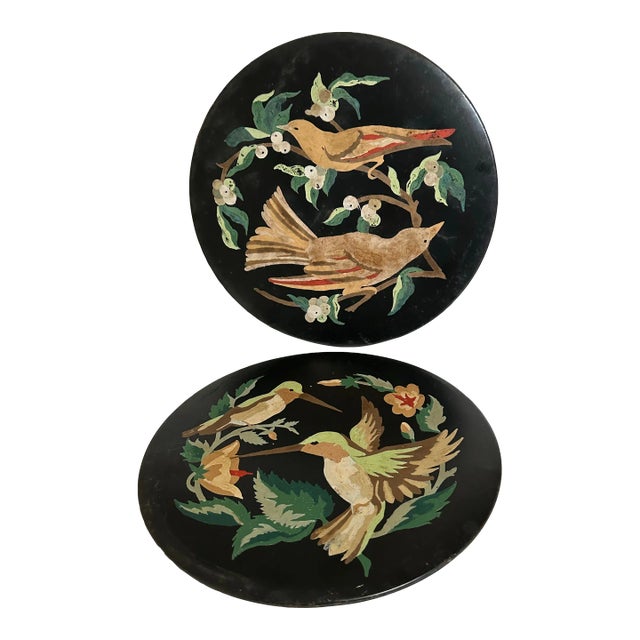 Vintage 1900s Hand Painted Birds on Metal Plates- a Pair For Sale