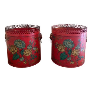 Pair of Antique French Neoclassical Red & Gold Tole Cachepot With Lion Heads For Sale