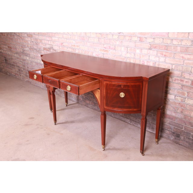 Wood Baker Furniture Stately Homes Sheraton Bow Front Inlaid Mahogany Sideboard For Sale - Image 7 of 13