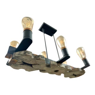 Antique Reclaimed Wood & Black Metal Chandelier With Edison Bulbs - Modern Farmhouse, Industrial, With MCM Flair For Sale