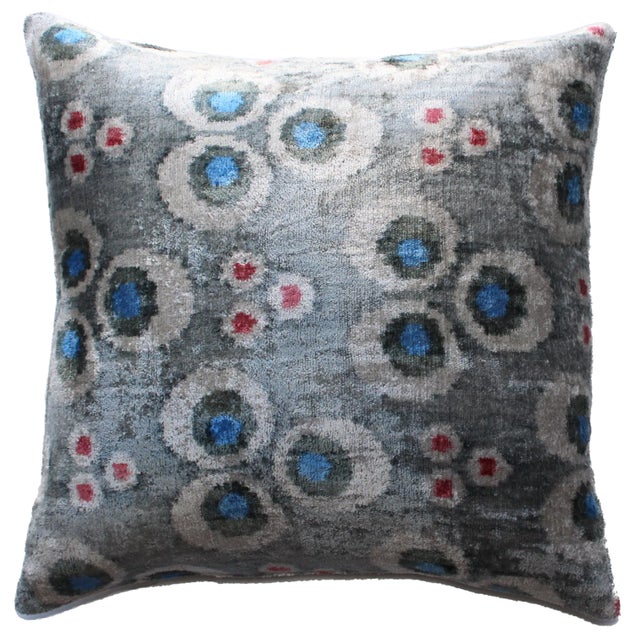 Bohemian silk velvet ikat pillow with vibrant colors of Silver beige and Gray Super hand soft. Pillow has a zipper for...