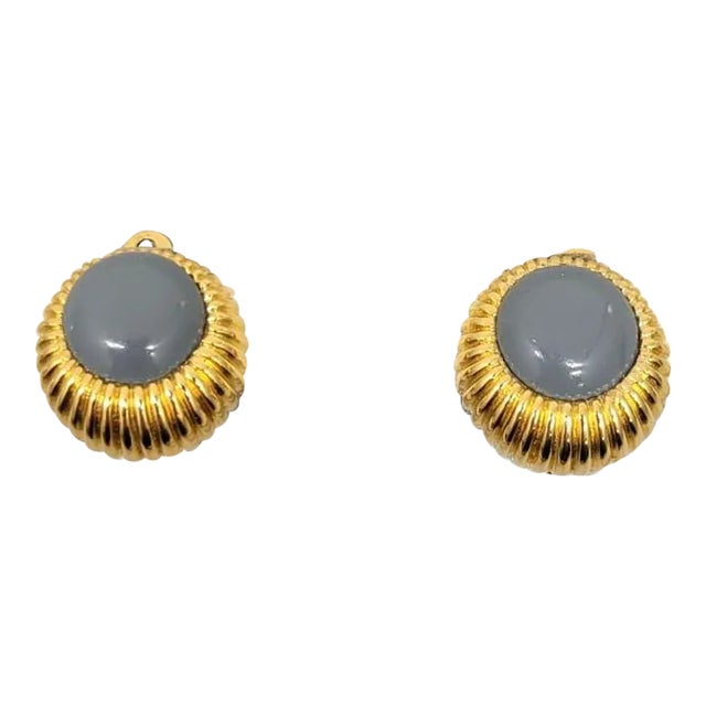Vintage 1980s Signed Nina Ricci Paris Round Goldtone Grey Rhinestone Clip Earrings - 2 Pieces For Sale