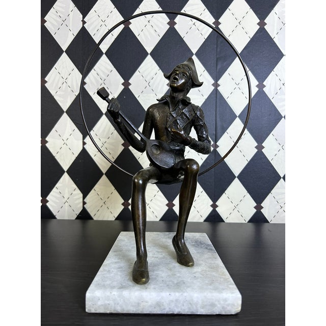 Signed Gustavo Gutierrez Bronze Harlequin Musician Sculpture on Marble Base, Edition 7/10 For Sale - Image 12 of 18