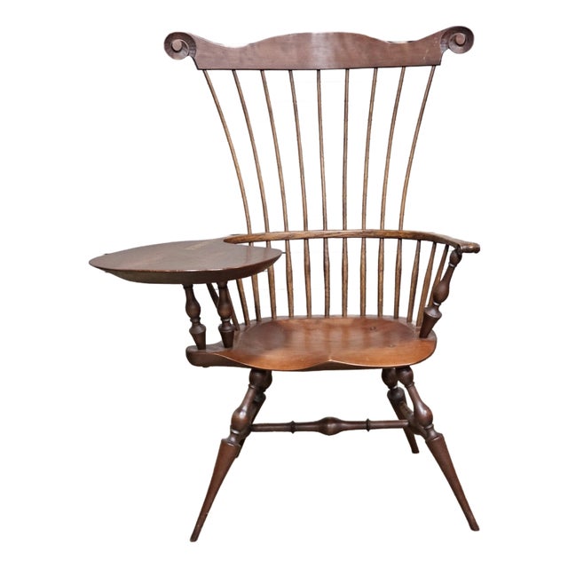 Late 20th Century Windsor Style Desk Fan Back Writing Arm High Back Chair Bench Made Ohio For Sale