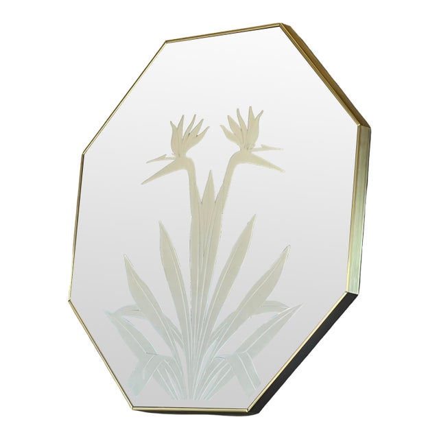 Vintage Postmodern Gloria Erickson Octagon Wall Mirror Brass Bird of Paradise 1980s For Sale