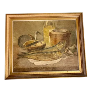 Oil on Canvas Smoked Herring, Olive Oil and Terracotta Muteau Sign 1940 South of France