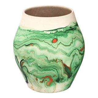 1940s Nemadji Green, Orange and White Swirl Vase For Sale