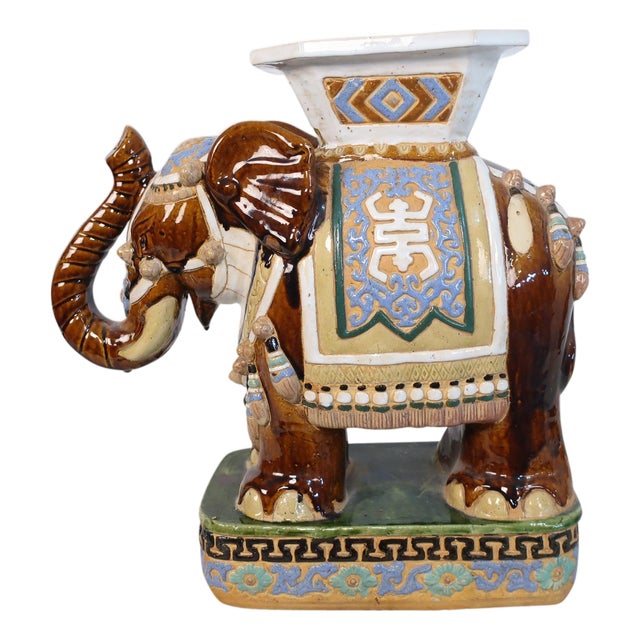 Mid 20th Century Ceramic Asian Brown and Gold Elephant Garden Stool For Sale