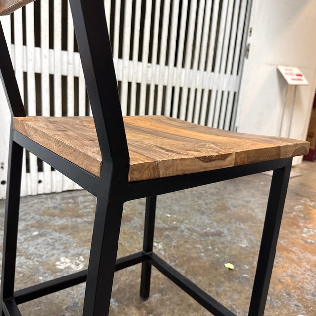Industrial Acacia Wood + Metal Barstools, Pair For Sale - Image 10 of 12