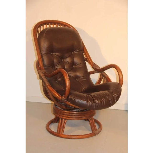 Set of Rattan & Leather Swivel Lounge Chairs, 1960s For Sale - Image 10 of 11
