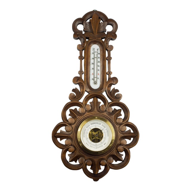 1893 Antique German Aneroid Barometer Thermometer by (g.l.). Hand-Carved Case and Glass Thermometer With Beveled Edges For Sale - Image 11 of 11
