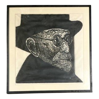 Vintage Black and White Framed Woodcut of Sigmund Freud For Sale