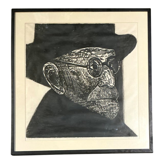 Vintage Black and White Framed Woodcut of Sigmund Freud For Sale