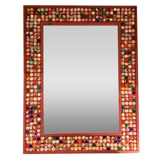 Modern Eclectic Red Wood Bottle Cap Wall Mirror For Sale