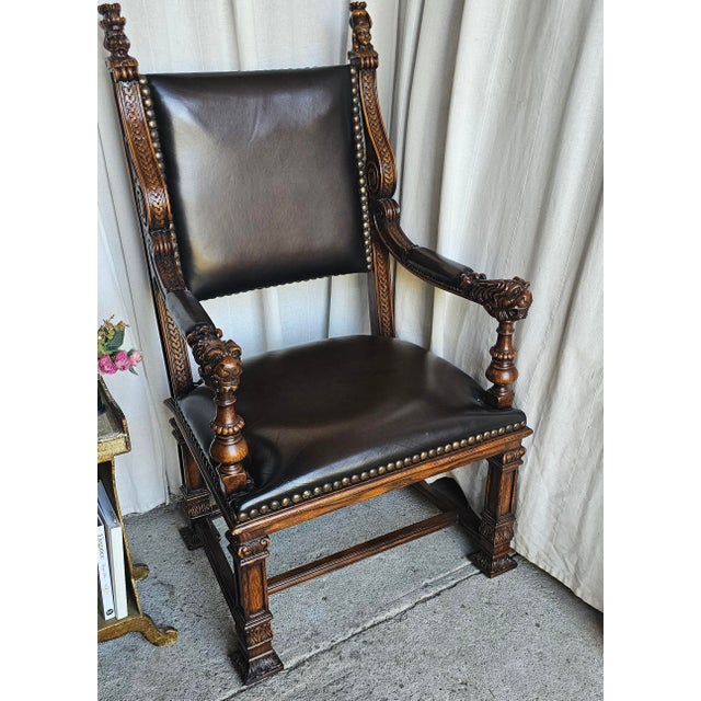 Brown 1950s Pair of Design Toscano Lord Cumberland's Throne Chairs, Pair of Georgian Design Style Chairs For Sale - Image 8 of 13