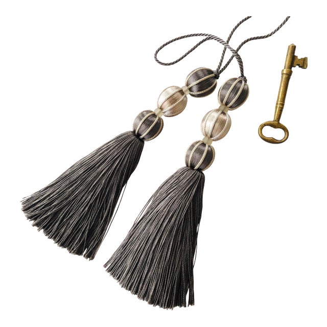Pair of Smoky Ash and Stone Colored Beaded Key Tassels For Sale
