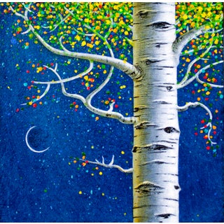 Ember Moon by Thane Gorek | Oil on Board Birch Tree with Colorful Leaves Against Night Sky For Sale