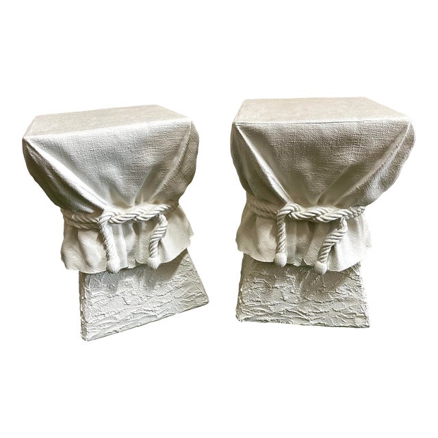 1980s Lane Trompe-Loeil White Draped Plaster Pedestal or Garden Stools After John Dickinson- Set of 2 For Sale