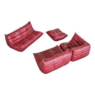 Togo Modular Sofa in Oxblood Red Leather attributed to Michel Ducaroy for Ligne Roset, 2000s, Set of 4 For Sale