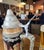 A highly decorative vintage German beer stein in glazed stoneware, fitted with its original pewter-tone hinged lid and...