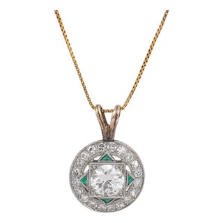 1920s Art Deco Old European Diamond Emerald Platinum 14k Yellow Gold Pendant Necklace For Sale