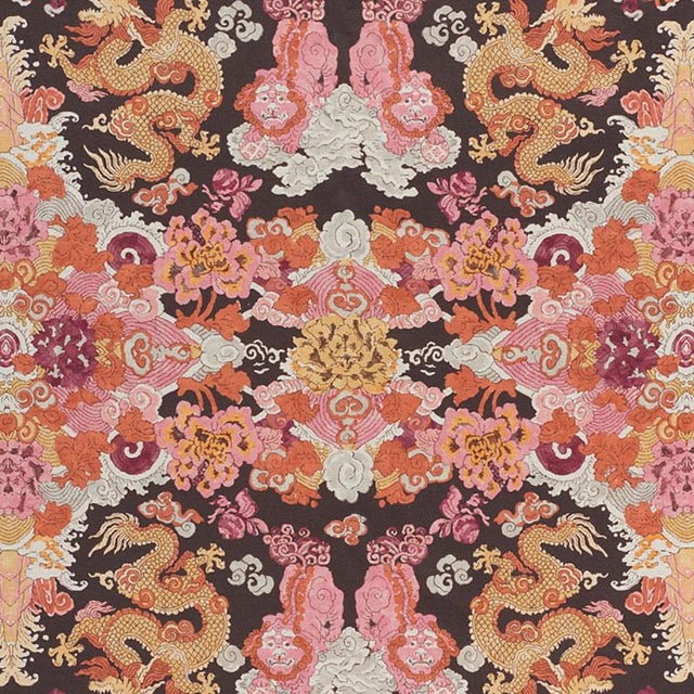 Foo dogs and fire-breathing dragons animate this fantastic, symmetrical print on a linen ground. It's an adventurous and...