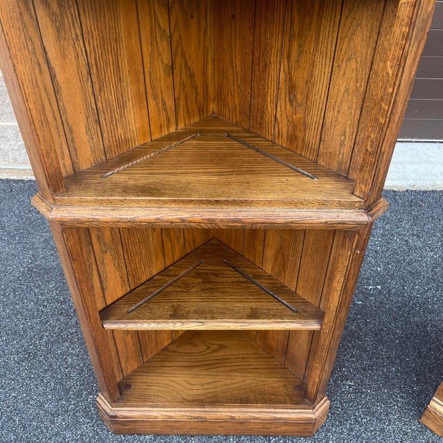 1980s Knob Creek Traditional Solid Oak Corner Shelving Units or