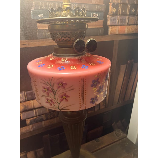 Late 19th Century Victorian Painted Pink Glass Oil Converted Electric Lamp For Sale In New York - Image 6 of 8