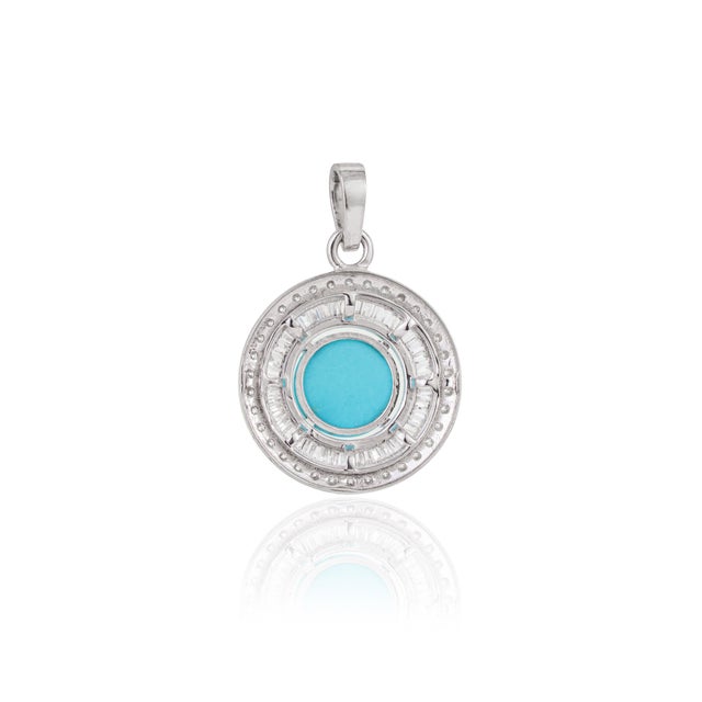 Certified 14k White Gold 1.46ct Round Turquoise & Baguette Diamond Halo Pendant For Sale - Image 9 of 16