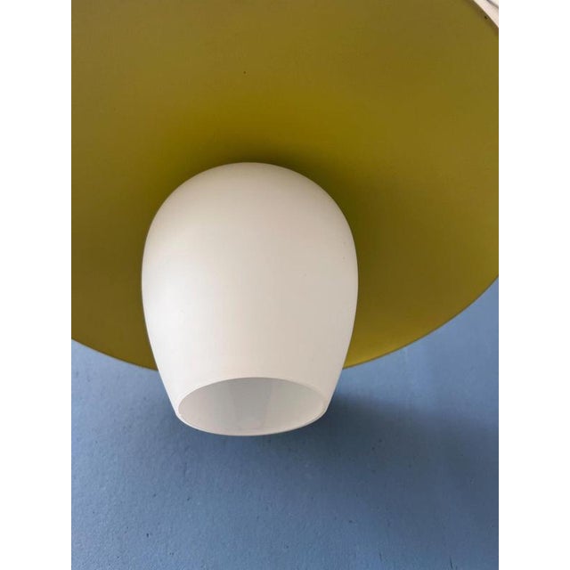 Mid-Century Modern Opaline Glass Pendant Lamp with Yellow Metal Shade For Sale - Image 11 of 13