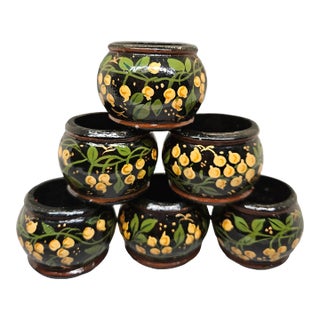 VTG 6 Napkin Rings Hand Painted Floral Wood Lacquer Black Apricot Green For Sale