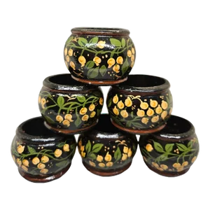 VTG 6 Napkin Rings Hand Painted Floral Wood Lacquer Black Apricot Green