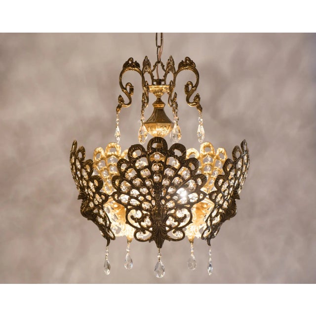 Large 1960s Brass & Crystal Peacock Bird Chandelier For Sale - Image 9 of 13