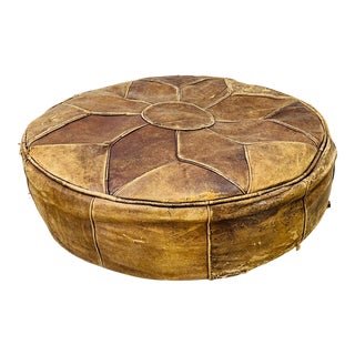 Vintage Round Distressed Leather Hassock For Sale