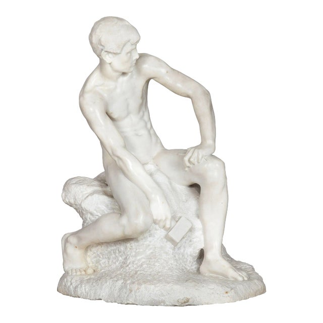 Italian Carved Carrara Marble Art Deco Sculpture of “Stone Carver” by Barsanti For Sale