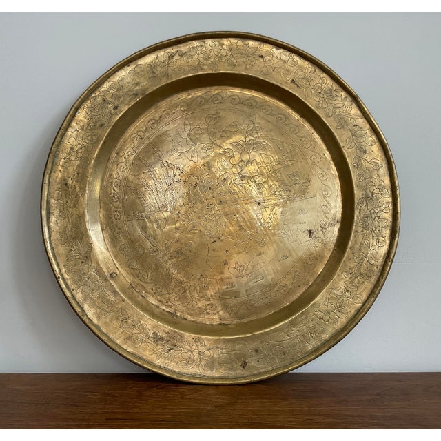 Pair of Mid 20th Century Brass Trays With Chinese Etchings | Chairish