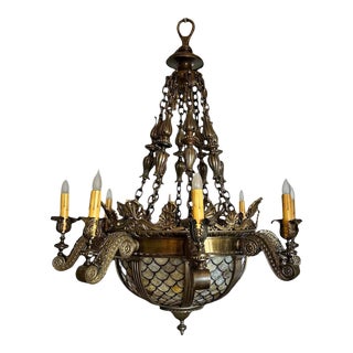 Beaux Arts Large Cast Bronze and Leaded Glass Bowl Chandelier, Circa Late 1800’s For Sale