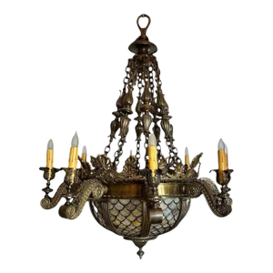 Beaux Arts Large Cast Bronze and Leaded Glass Bowl Chandelier, Circa Late 1800’s