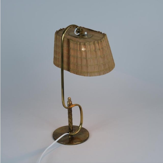 Wood Rare Paavo Tynell 'S' Table Lamp 9202 in Full Brass & Rattan Shade For Sale - Image 7 of 7