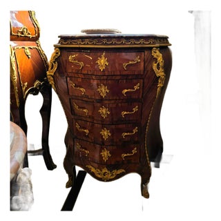 French Bombe Lingerie Chest With Marble Top, Gold Leaf Accents & Five Functional Drawers For Sale
