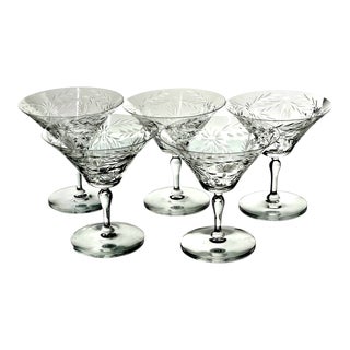 Elegant Glass Champagne Martini Glasses Etched Set of 5 For Sale