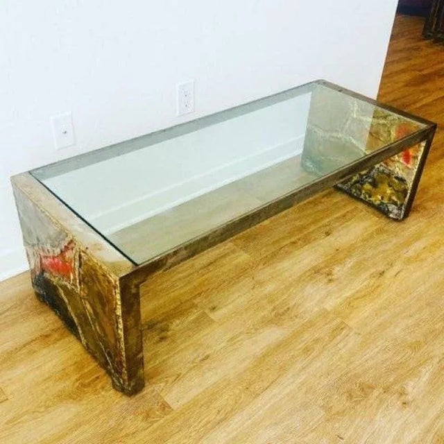 Stunning Modernist Hand Sculpted Torch Cut Mixed Metals Patchwork Rectangular Coffee Table With Inset Glass Top Designed...