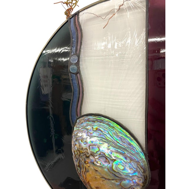 Glass Vintage Signed Stained Glass Round Panel With Abalone Shell, Hanging Wall Art Suncatcher For Sale - Image 7 of 12