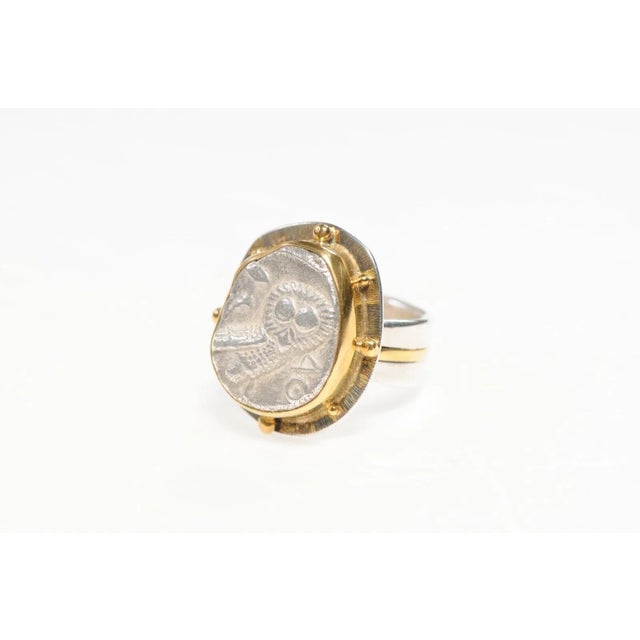 Metal Antique Ancient Owl Coin Ring, 22kt Gold & Silver, Size 8 For Sale - Image 7 of 11
