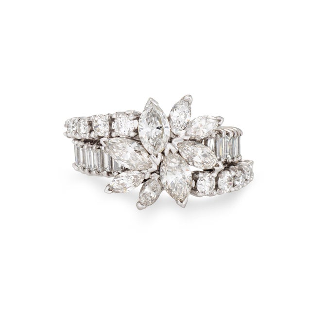 Mid Century 4ct Diamond Ring Sz 7 Marquise Cluster & Baguette Platinum Band For Sale In Los Angeles - Image 6 of 6