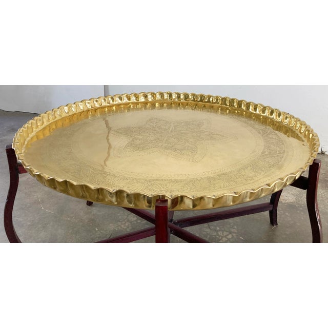Brass Vintage Scalloped Brass Tray Table With Collapsible Wood Base For Sale - Image 8 of 12