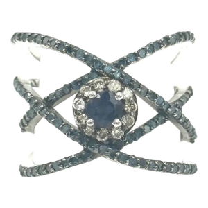 Blue Sapphire & Diamond Crisscross Cocktail Ring in Silver